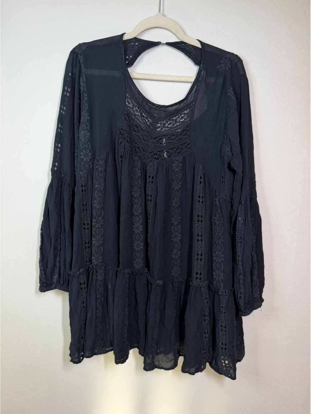 Free People Black Crochet Lace Long Sleeve mini Dress - Picture 2 of 5